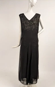 ANTIQUE 1920’S SHEER BLACK SILK CHIFFON LONG DRESS W INNER LACE LINED TOP - Picture 1 of 7