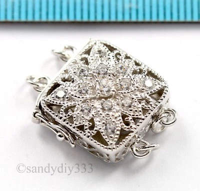 1x  Rhodium plated STERLING SILVER CZ FLOWER SQUARE 2-strand BOX CLASP #2937 - Image 1 of 4