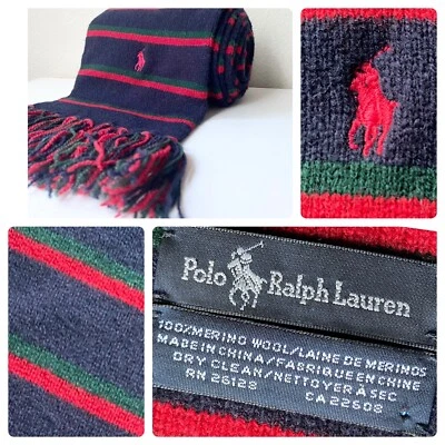 Ralph Lauren Bufanda a Rayas Azul Rojo 100% Lana Merino Flecos Bordados Poni Rojo Foto 1 de 4