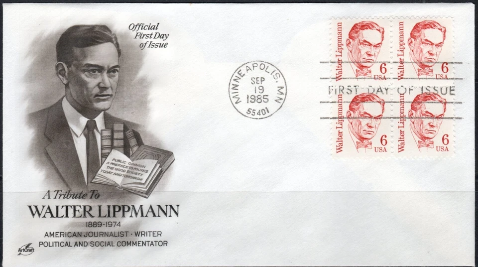 US Scott #1849 "Walter Lippmann" 6 cents, block of 4, ArtCraft FDC - Image 1 of 1
