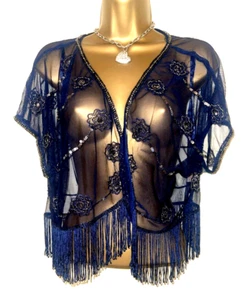 Navy Sequin Beaded Bolero Sheer Mesh Tassel Fringe Evening Cardigan Jacket 18 - Picture 1 of 6
