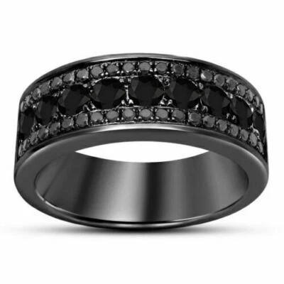 Alianza de boda de moissanita negra de corte redondo de 2,00 quilates enchapada en oro negro de 14 quilates para hombre Foto 1 de 4