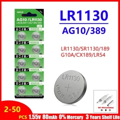 AG10 LR54 Cell Coin 1.55V SR54 389 189 LR1130 SR1130 Alkaline Button Batteries - Image 1 of 4
