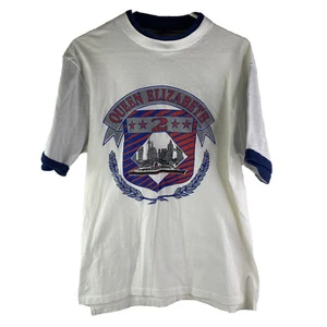 Vintage Nutmeg Queen Elizabeth T-shirt L Unisex White Blue Folded Cuff Sleeve - Picture 1 of 8
