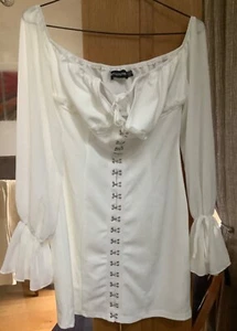 Prettylittlething cream hook and eye front off sholder long sleeve dress 10 - Picture 1 of 8