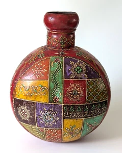 Kudiya Pot Red Rustic Hand Painted Ethnic Folk Art Boho Iron Bottle Vase Décor - Picture 1 of 9