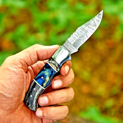 Cuchillo Plegable Acero Damasco: Regalo Navidad Personalización Gratis Foto 1 de 4