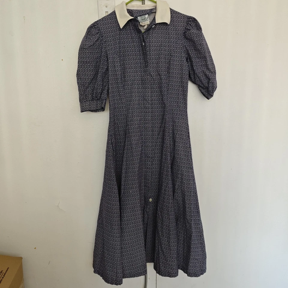 Feminino Laura Ashley Vintage Feito na Grã-Bretanha Azul Marinho Manga Puff Midi... - Imagem 1 de 4