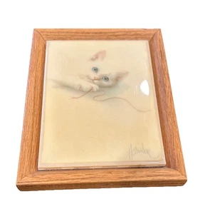 Bob Harrison gerahmte Fliese Vintage "I Can See Myself" weiße Katze Kätzchen Untersetzer Kunst - Bild 1 von 3