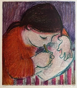 Alfred Fuchs Signierte Orig. Farblithographie - nur 50 Ex. - Zeichnendes Mädchen - Bild 1 von 4