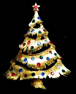 Vintage JJ Christmas Tree Pin/Brooch, gold tone & rhinestones - Picture 1 of 3