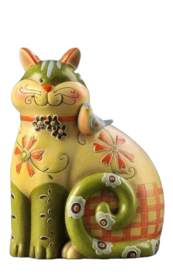 Animated Cat Figurine 19 cm High Green Yellow Whimsical Home Decor Poly Stone - Изображение 1 из 1