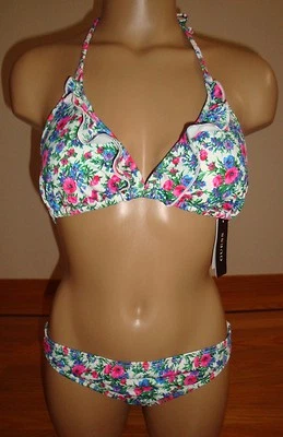 New Guess 2 Piece Swimsuit Ruffle Halter Top/Retro Pant Bottom Floral White M - Image 1 of 4