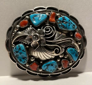 APACHITO NAVAJO STERLING SILVER BELT BUCKLE,TURQUOISE & RED CORAL - Picture 1 of 6