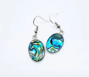 Handmade Natural Abalone Oval Earrings / Paua Seashell Earrings / Hypoallergenic - Picture 1 of 6