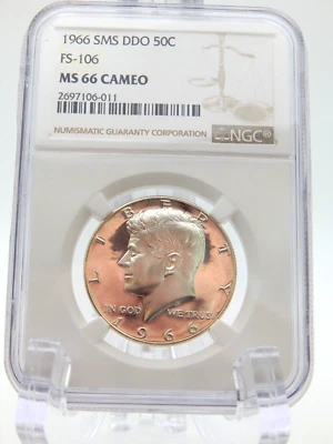 1966 Kennedy Half Dollar SMS DDO 50 Cents  FS-106  NGC MS 66 CAMEO    (BT691) - Image 1 of 4