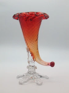 Antique Victorian AMBERINA Swirl Art Glass Cornucopia Vase w/ Applied Rigaree - Picture 1 of 21