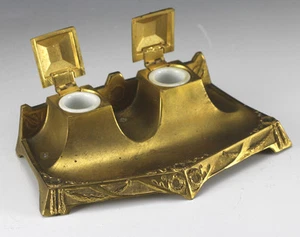 Vergoldete Bronze Tintenfass Schreibtisch Set um 1900, Blattgirlanden, Original Keramik Tassen - Bild 1 von 4