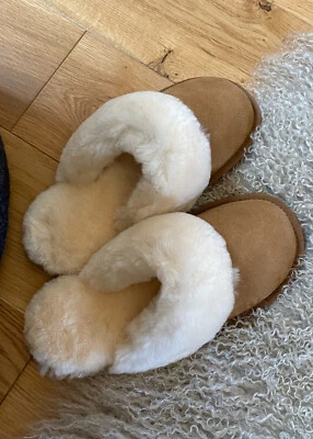 LAMBLAND Women's Luxury Sheepskin Slip On Mules Slippers Hard Rubber Sole Natural Brown