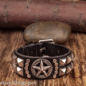 Mens Punk Rock Army Star Studded Genuine Leather Bracelet Wristband Cuff Black - Picture 1 of 11