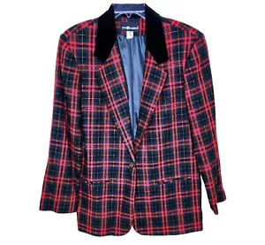 Vintage Sag Harbor 100% Wool Fully Lined Red Blaid Blazer With Velvet Collar - Picture 1 of 8