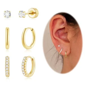 Earrings Set Dainty 14K Gold Small Huggie Women Trendy Hypoallergenic Cartilage - Picture 1 of 6