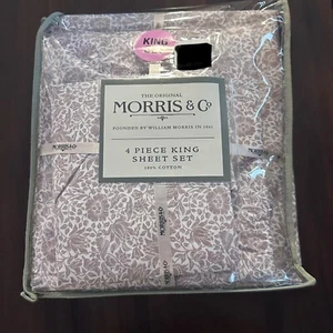 William MORRIS & Co~Tan on White Floral 4piece~King Sheet Set~100% Cotton - Picture 1 of 2