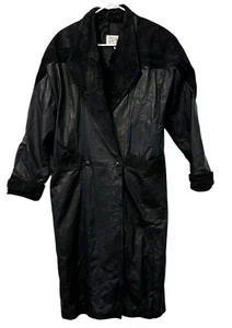 Vintage Pelle Studio trench pelle nero lunghezza intera lungo spolverino giacca - Foto 1 di 19