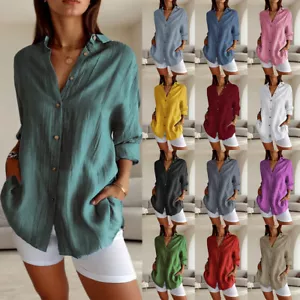 Plus Size Womens Button Down Shirts Tops Ladies Long Sleeve Solid Blouse T-Shirt - Picture 1 of 28
