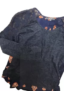 Miss Me Mixed Media Sweater Sheer Lace Shoulders High-low Navy Floral Boho S - Picture 1 of 11