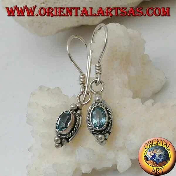 Orecchini in Argento 925‰ topazio blu ovale naturale con intreccio e palline - Immagine 1 di 1