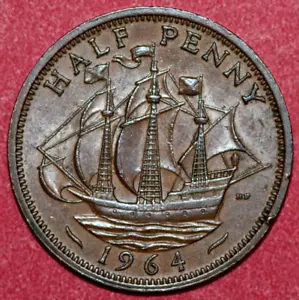 Great Britain 1964 Half Penny, Golden Hind Sailing ship-Foreign Coin 25mm - Picture 1 of 2