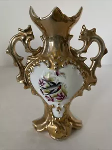 Antiguo jarrón de oro de doble mango con flores y pájaros pintados a mano - Imagen 1 de 8