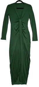 Floor Length V-Neck Ruched Gown Front Slit Dress Green Jersey Sz S - Picture 1 of 5