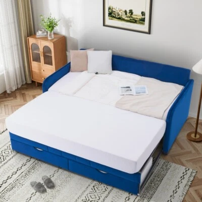 Cama de día doble tamaño con nido emergente y cajones de almacenamiento convertible tamaño king cama de día Foto 1 de 3