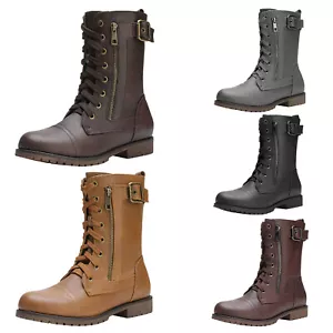 Women Winter Faux Fur Mid Calf Lace Up Military Combat Boots - Picture 1 of 37