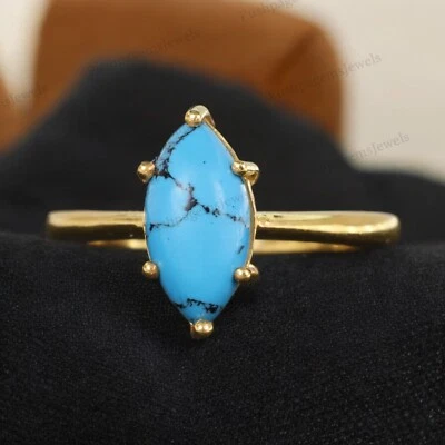 Anillo de plata de ley 925 de 8x4 mm corte marquesa turquesa natural anillo de oro amarillo Foto 1 de 4