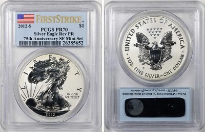 2012-S Reverse Proof PR70 PCGS First Strike Silver Eagle 75th Anniv PF - Image 1 of 3