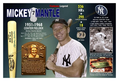 NEW YORK YANKEES CENTER FIELDER MICKEY MANTLE 19”x13” COMMEMORATIVE POSTER Cover