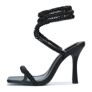 Cape Robbin Women Stiletto High Heels Coil Cord Leg Design Square Toe Black Ring - Picture 1 of 5