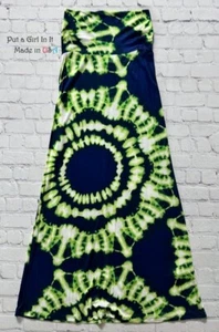 USA New Womens SOFT HIGH WAISTED FOLDOVER BLUE GREEN BOHO TIE DYE MAXI SKIRT S M - Picture 1 of 3