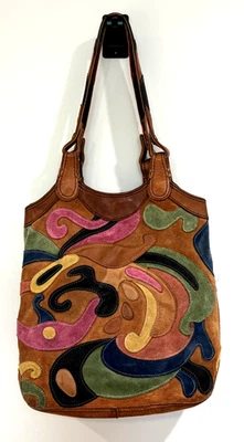 VTG Lucky Brand Leather Suede Multicolor Patchwork Shoulder Bag Boho Hobo  - Image 1 of 4
