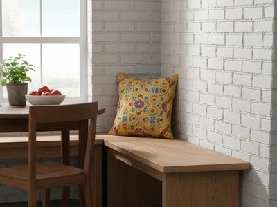 Boho Luxe Suzani Silk-Linen Pillow Cover – Mustard Gold – 20x20 in Sofa - Image 1 of 4