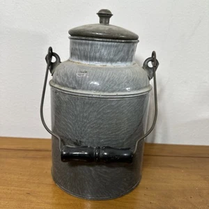Vintage Gray Graniteware Enamelware Milk Can Cream Pail w/ Tin Lid - Picture 1 of 6