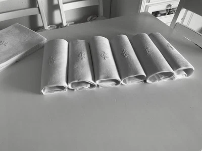 Linge Ancien 6 Serviettes Mariage Damassé Soie Monogramme Entrelacés C F - Photo 1/4