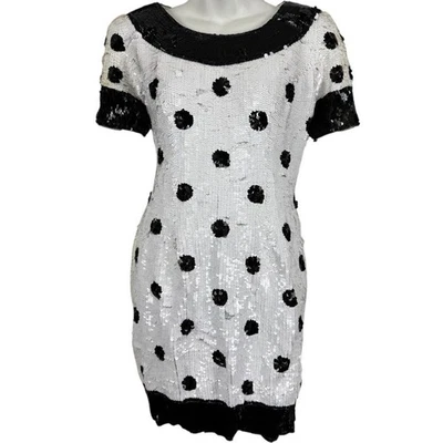 Vestido Formal Negro Corbata Oleg Cassini Vintage 100% Seda Lentejuelas Lunares Talla 10 Foto 1 de 4