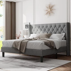 King Size Bed Frame with Wingback Tufted Headboard, Upholstered Platform Bed ... - Picture 1 of 8