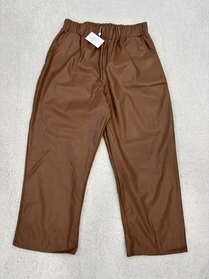 Mud Pie Faux Leather Pants Brown Large Cropped Pull-On High Rise Luxe NWT - Image 1 of 4
