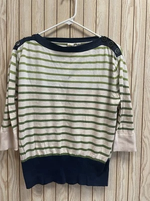Top Anthropologie Amarillo Pájaro Verde Azul Rayas Cuello Barco Mujer Pequeño Foto 1 de 4