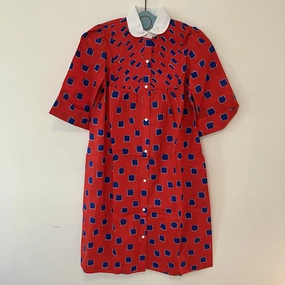 VTG Models Coat Red Blue Pintuck Button Up Lounge Maxi House Dress Mod 60s S/M - Image 1 of 4